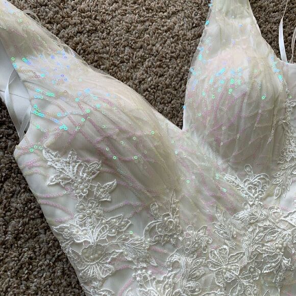 Color Shifting Sequins & Beaded Embroidered Lace Tulle Gown, White Wedding Dress - Picture 15 of 17